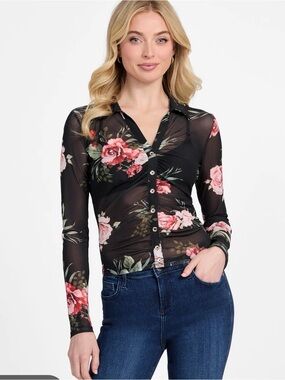 Guess Black Sheer Floral Button-Down Top with Pink Roses